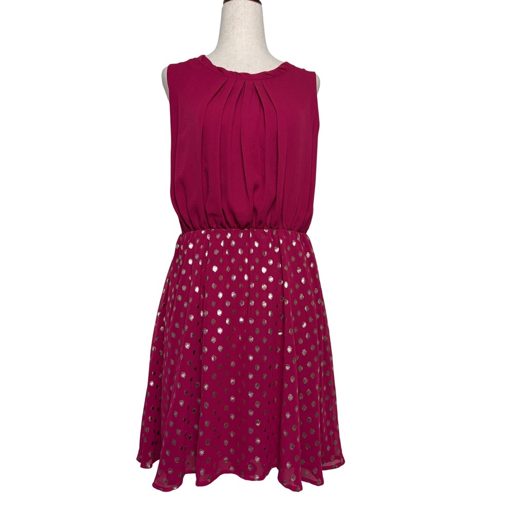 Maison Jules Pink Gold Polka Dot Pleated Sleeveless Fit Flare Dress Small NEW